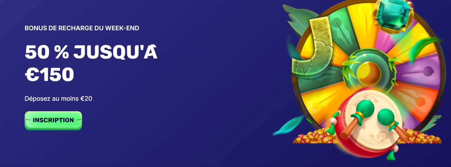 Bonus 50 % jusqu’à 150 € avec dépôt minimum de 20 €