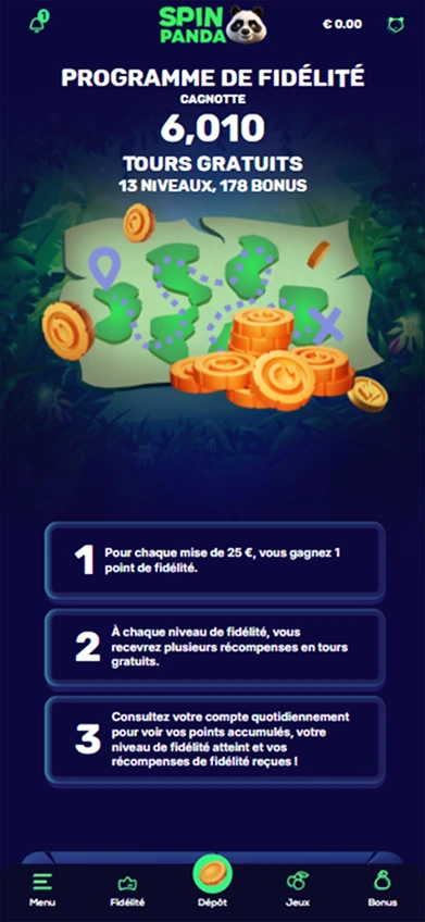 Programme fidélité Spinpanda avec 6010 tours gratuits offerts