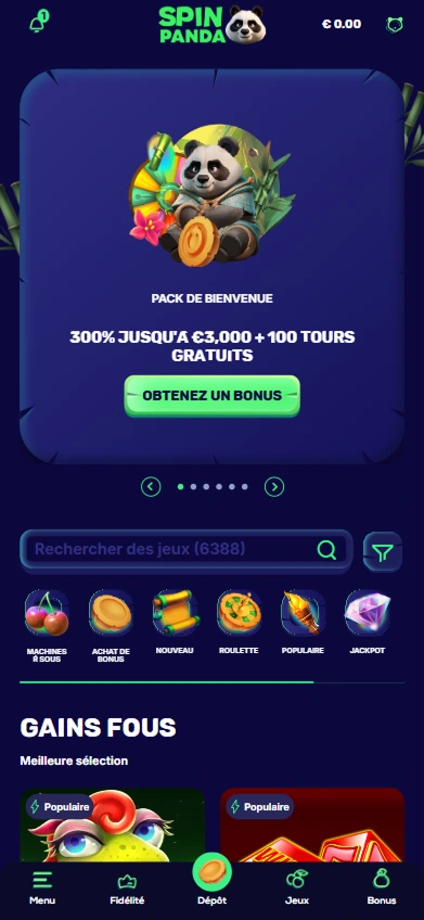 Page d’accueil mobile avec bonus de bienvenue Spinpanda