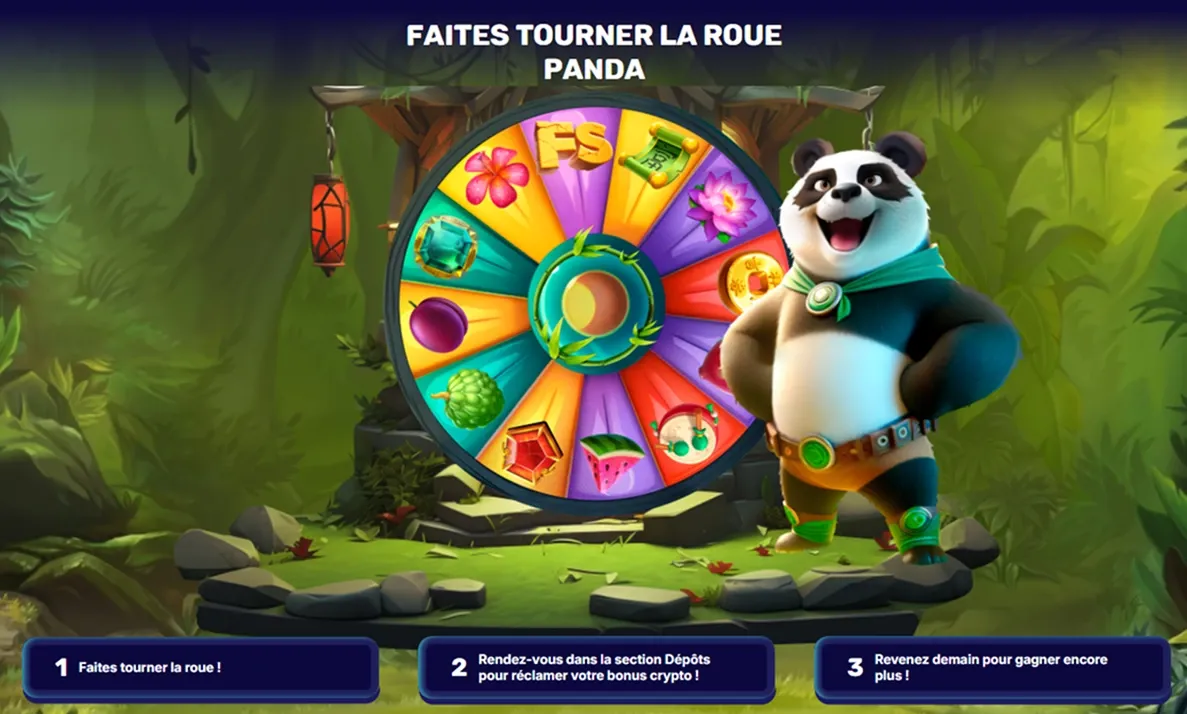 Panda devant une roue de bonus colorée dans une jungle enchantée