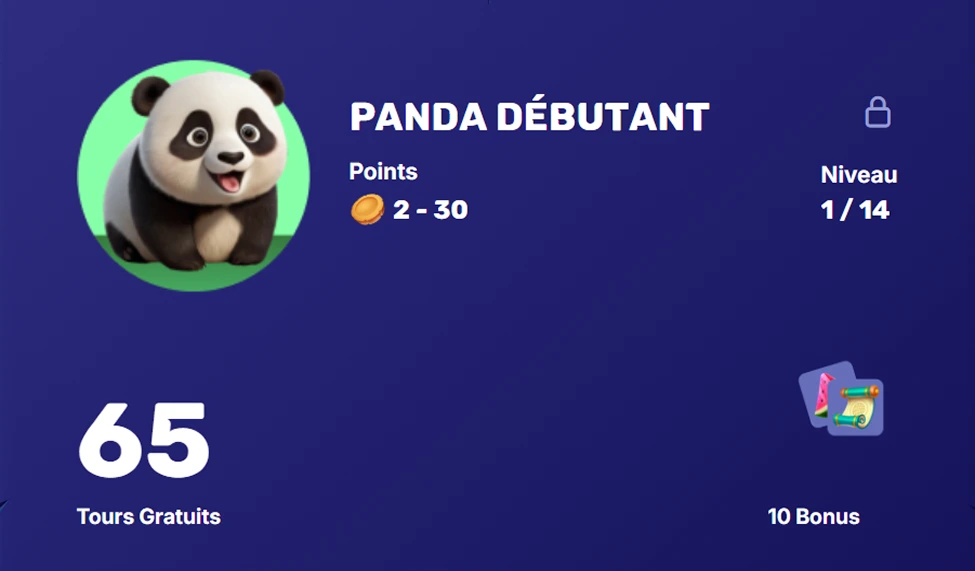 Panda Débutant avec 65 tours gratuits et 10 bonus